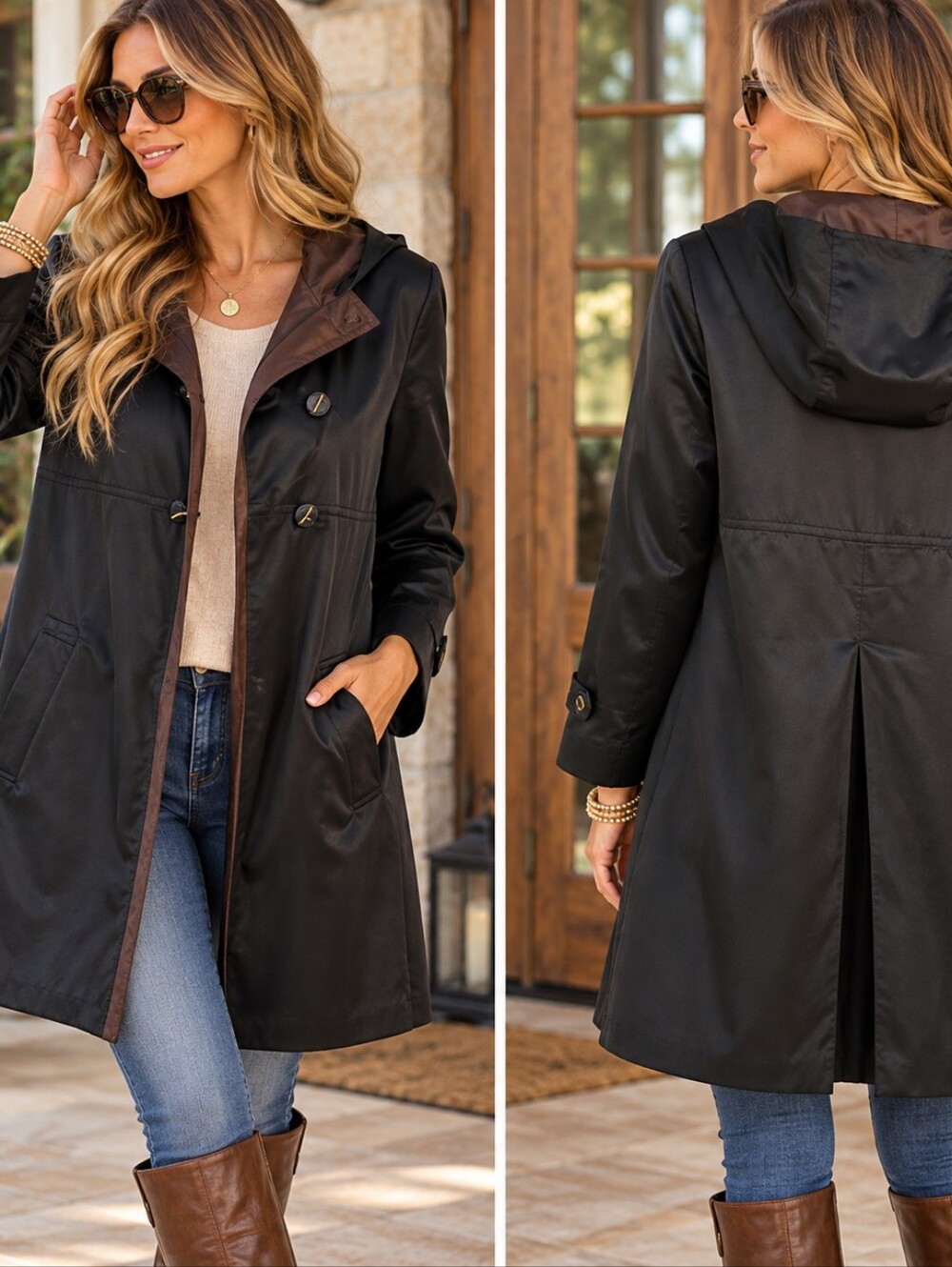 Larry Levine Sport‎ long coat jacket black with brown lining gold buttons sz med